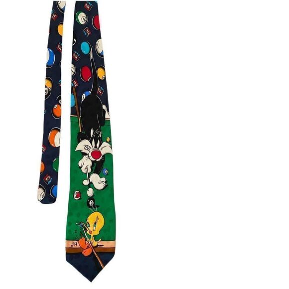 Vintage Looney Toons Tweety Bird + Sylvester Cat Billiards Pool Silk Tie - Picture 1 of 4